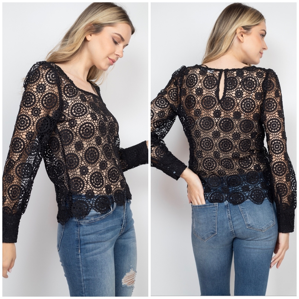 CALISTA Black Embroidered Crochet Long Sleeves Top - Picture 7 of 9